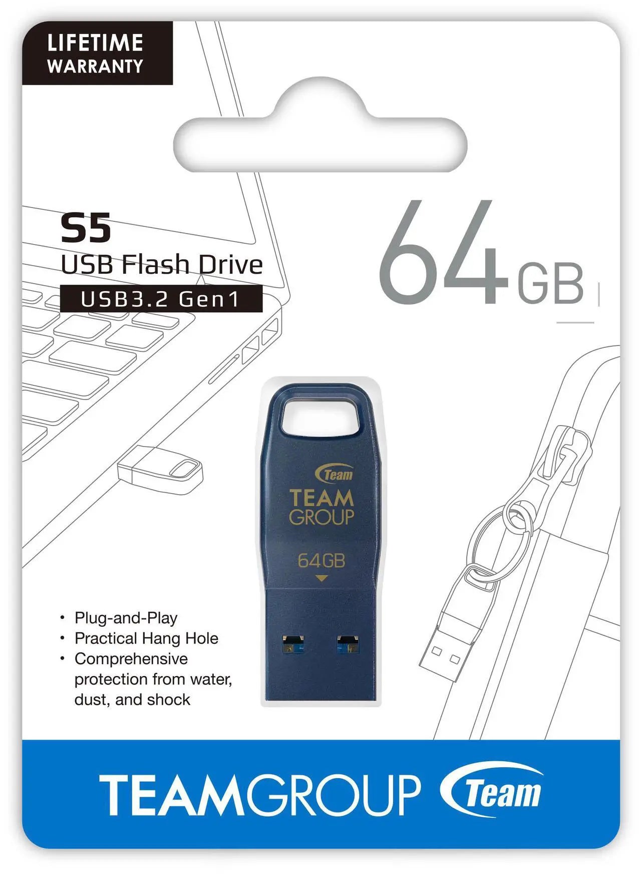 TEAM S5 64GB BLUE USB 3.2 Gen1 Flash Drive, Type-A interfaces, Speed Up to 100MB/s(TS5364GL01)