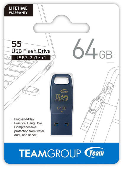 TEAM S5 64GB BLUE USB 3.2 Gen1 Flash Drive, Type-A interfaces, Speed Up to 100MB/s(TS5364GL01)