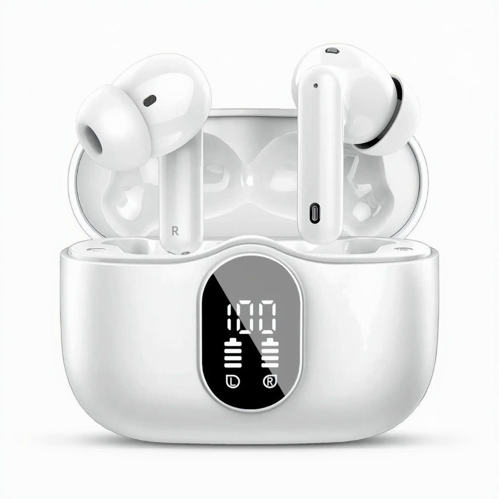 Btootos Wireless Earbuds Bluetooth 5.4 Headphones Bass Stereo Ear Buds with Noise Cancelling Mic LED Display in Ear Earphones IP7 Waterproof 36H Playtime for Laptop Pad Phones Sports Workout White