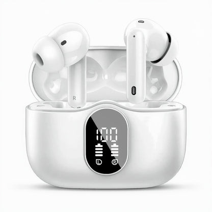 Btootos Wireless Earbuds Bluetooth 5.4 Headphones Bass Stereo Ear Buds with Noise Cancelling Mic LED Display in Ear Earphones IP7 Waterproof 36H Playtime for Laptop Pad Phones Sports Workout White