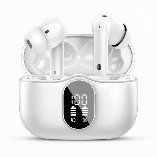 Btootos Wireless Earbuds Bluetooth 5.4 Headphones Bass Stereo Ear Buds with Noise Cancelling Mic LED Display in Ear Earphones IP7 Waterproof 36H Playtime for Laptop Pad Phones Sports Workout White