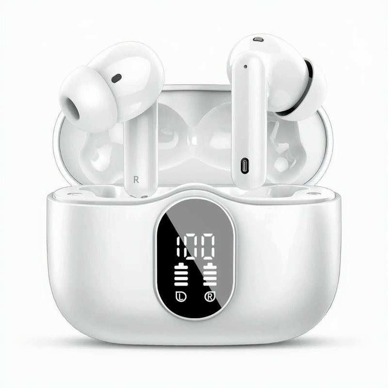 Btootos Wireless Earbuds Bluetooth 5.4 Headphones Bass Stereo Ear Buds with Noise Cancelling Mic LED Display in Ear Earphones IP7 Waterproof 36H Playtime for Laptop Pad Phones Sports Workout White