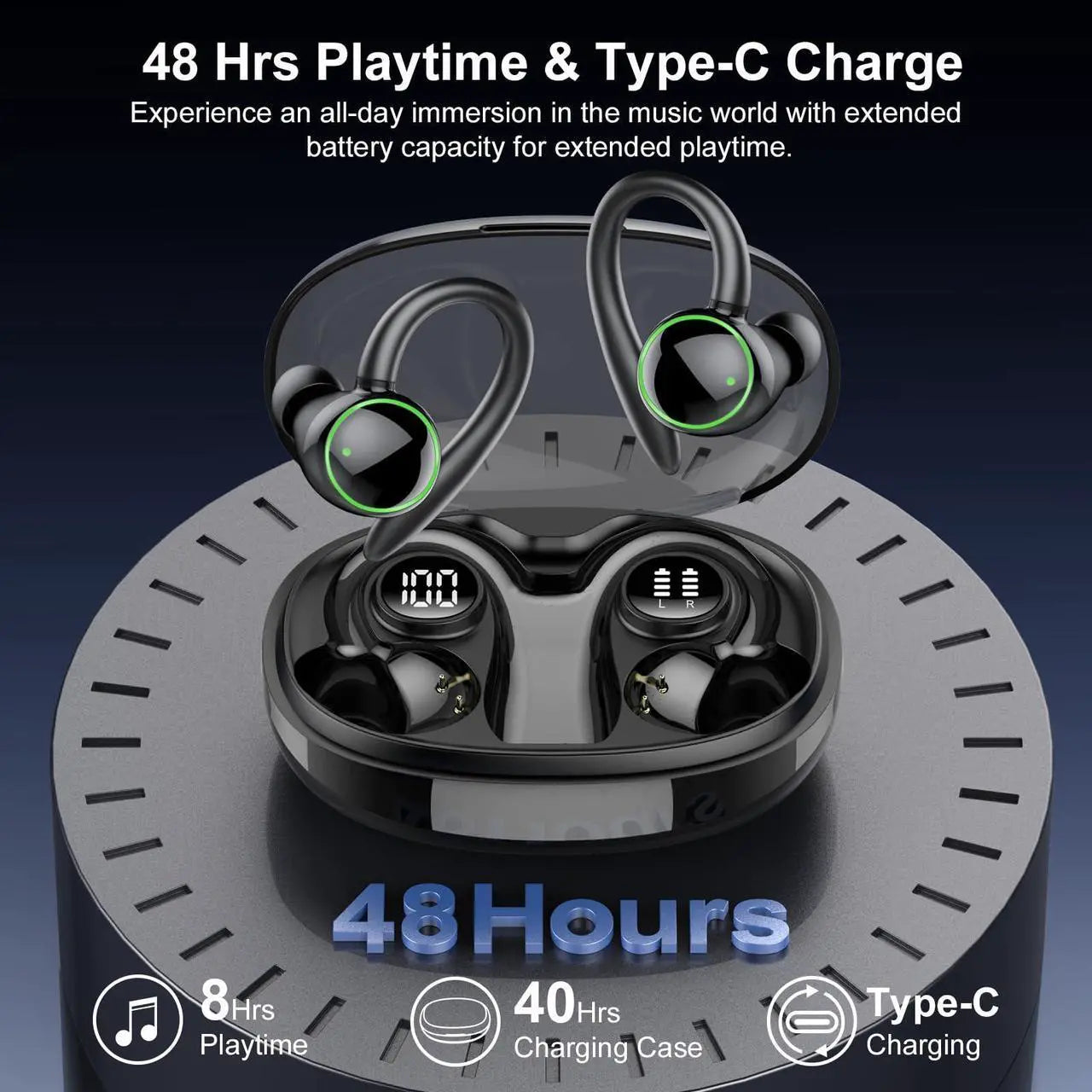 Bluetooth Headphones Sport, Over Ear Buds With Noise Cancelling Mic, 48H, Wireless Earphone With Earhooks, Black