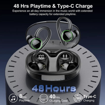 Bluetooth Headphones Sport, Over Ear Buds With Noise Cancelling Mic, 48H, Wireless Earphone With Earhooks, Black