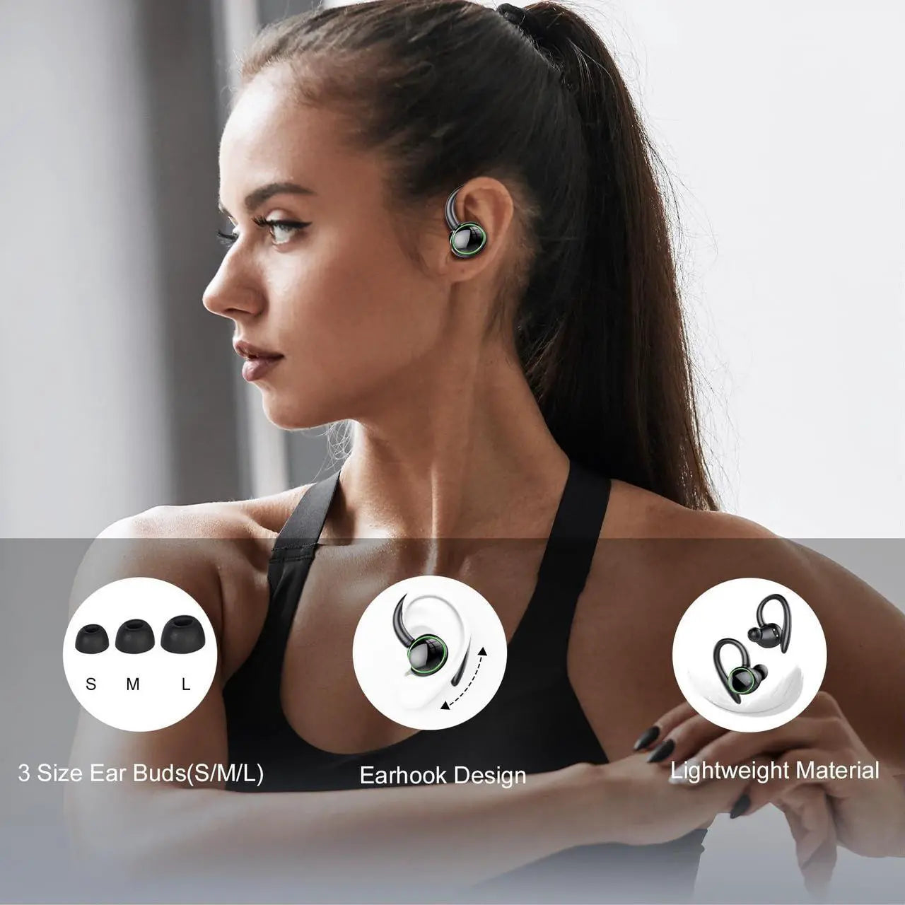 Bluetooth Headphones Sport, Over Ear Buds With Noise Cancelling Mic, 48H, Wireless Earphone With Earhooks, Black