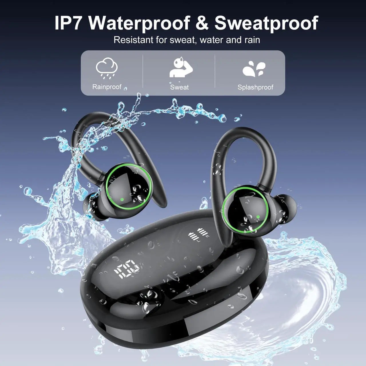 Bluetooth Headphones Sport, Over Ear Buds With Noise Cancelling Mic, 48H, Wireless Earphone With Earhooks, Black