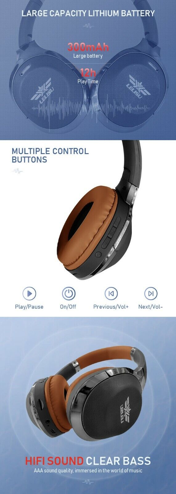 Bluetooth Headphones Noise cancelling Wireless Over Ear Bass Headset Big Battery