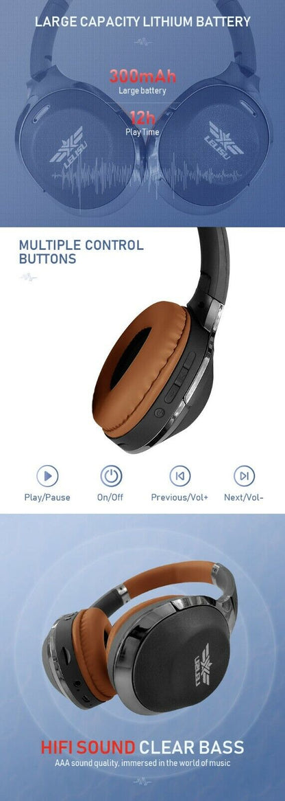 Bluetooth Headphones Noise cancelling Wireless Over Ear Bass Headset Big Battery