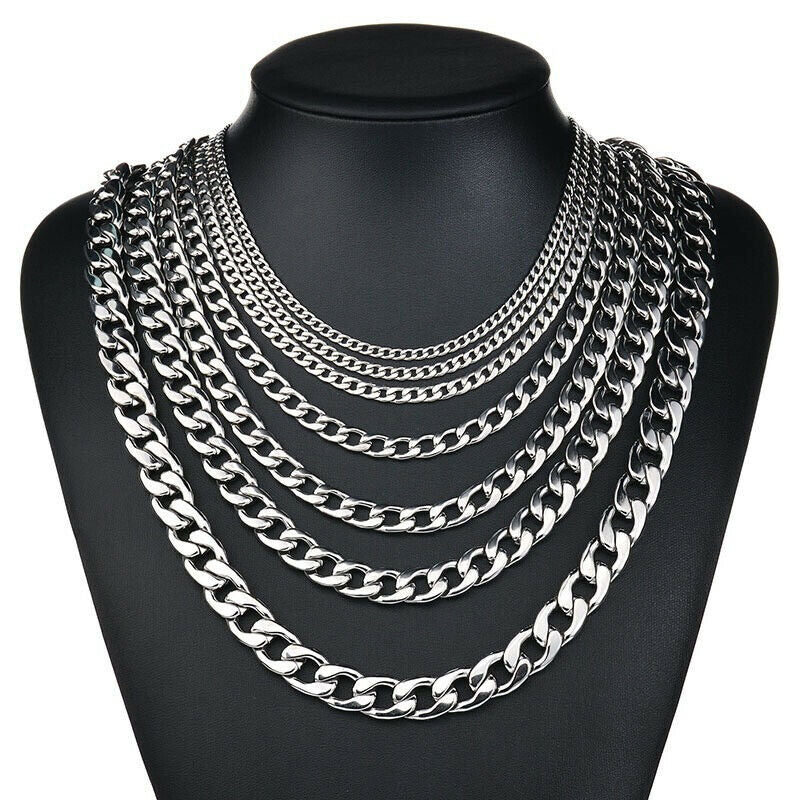 2-15mm Men's 316L Stainless Steel Silver Curb Link NK Necklace Chain Wholesale